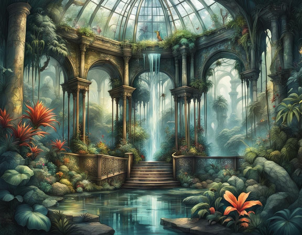 Tropical Jungle Waterfall in Glass Terrarium: Ink Illustrati...