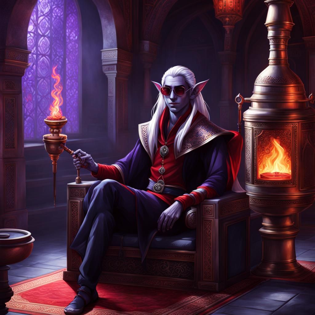 Hyperrealistic Drow Elf in Opulent Smoker's Palace