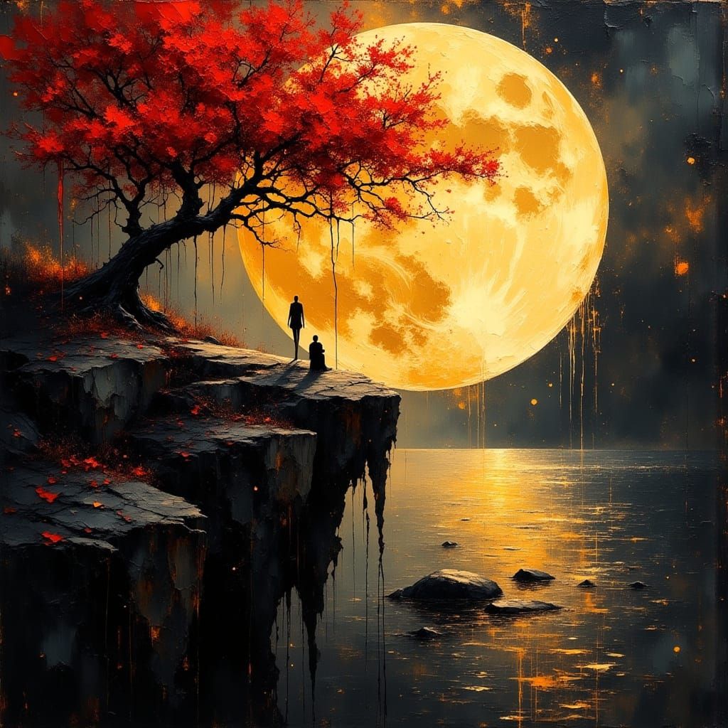 Romantic Couple Overlooking Moonlit Autumn Lake