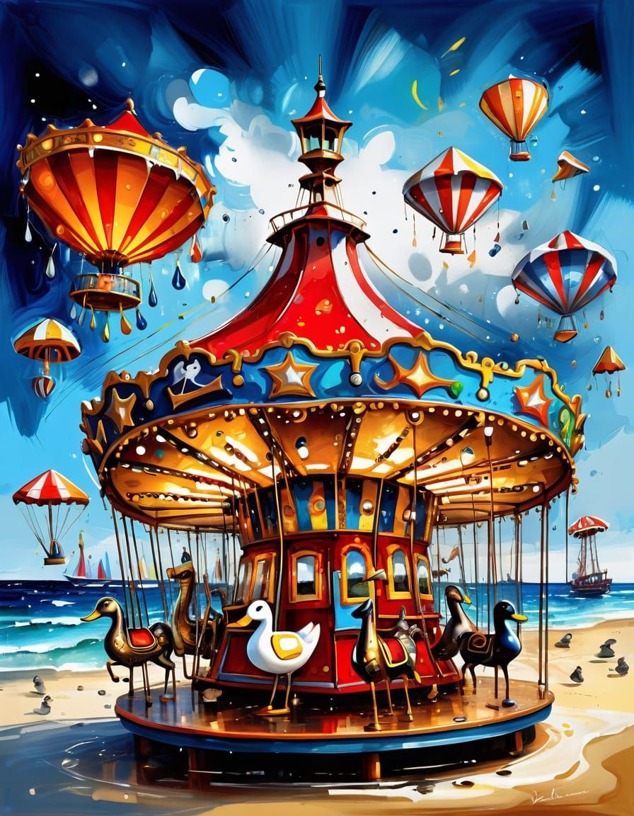 Steampunk Carousel With Mythical Creatures at Night