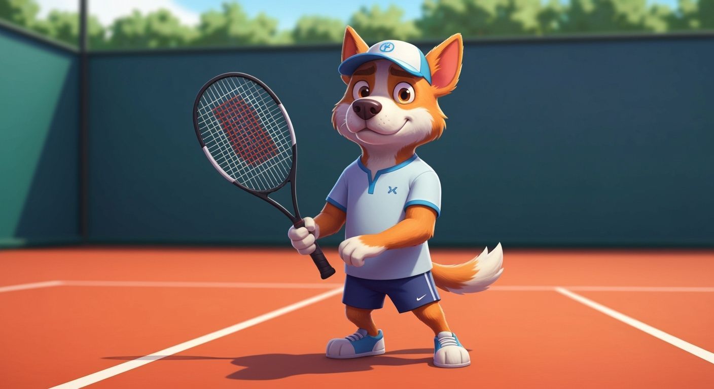 Victorious Tennis Dog in 2D Concept Art Style