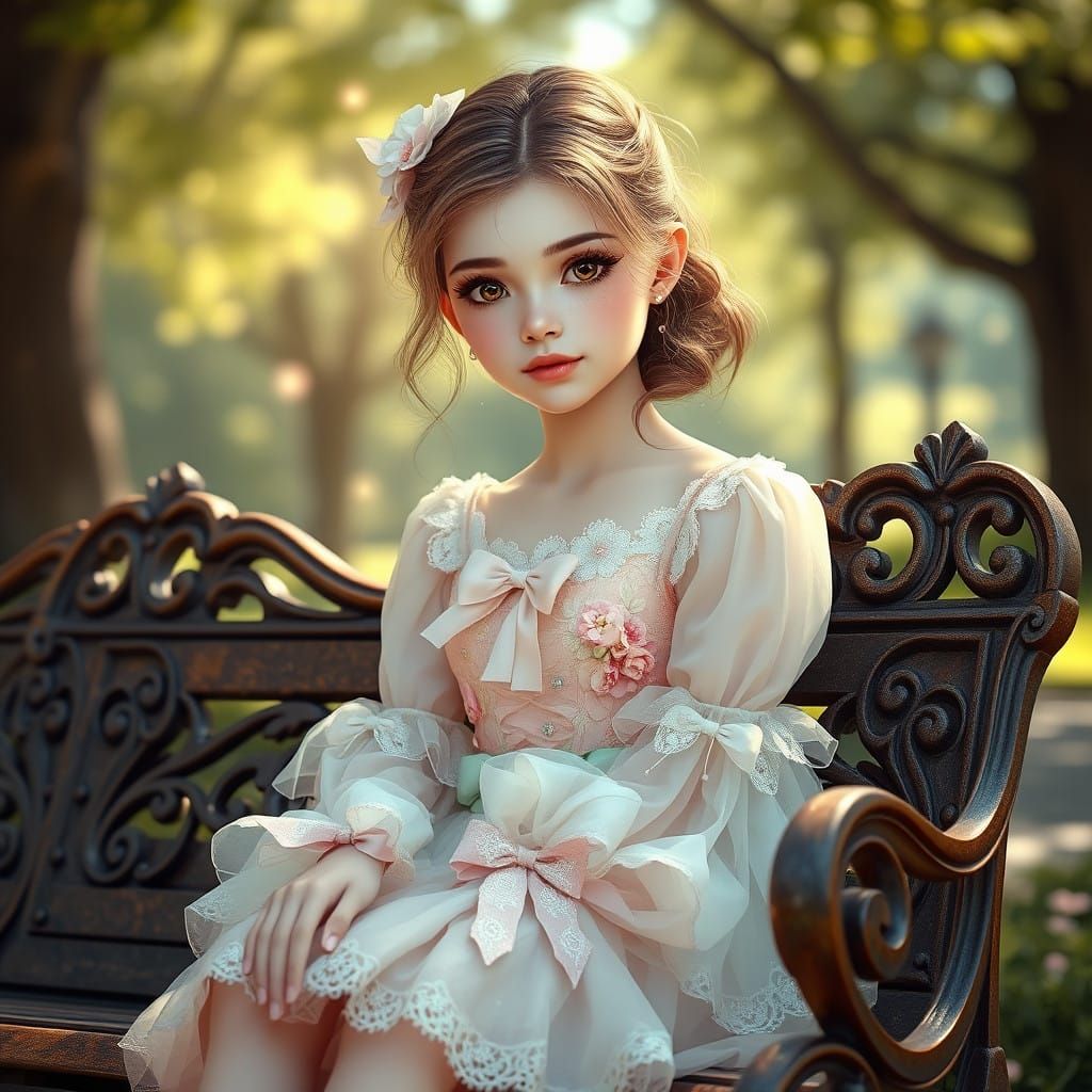 Enchanted Girl Seated on Vintage Park Bench