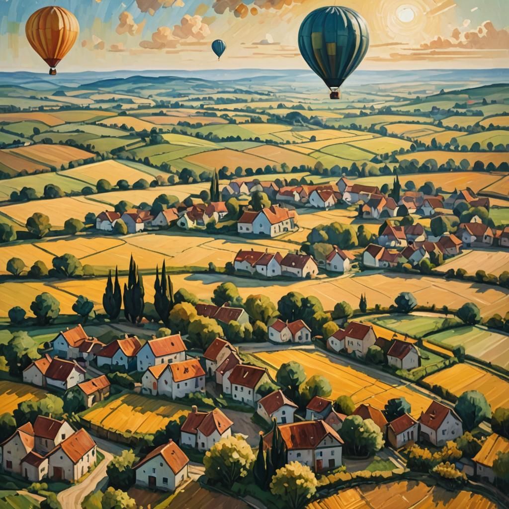 Hot Air Balloon Over Village as Impressionist Oil Painting
