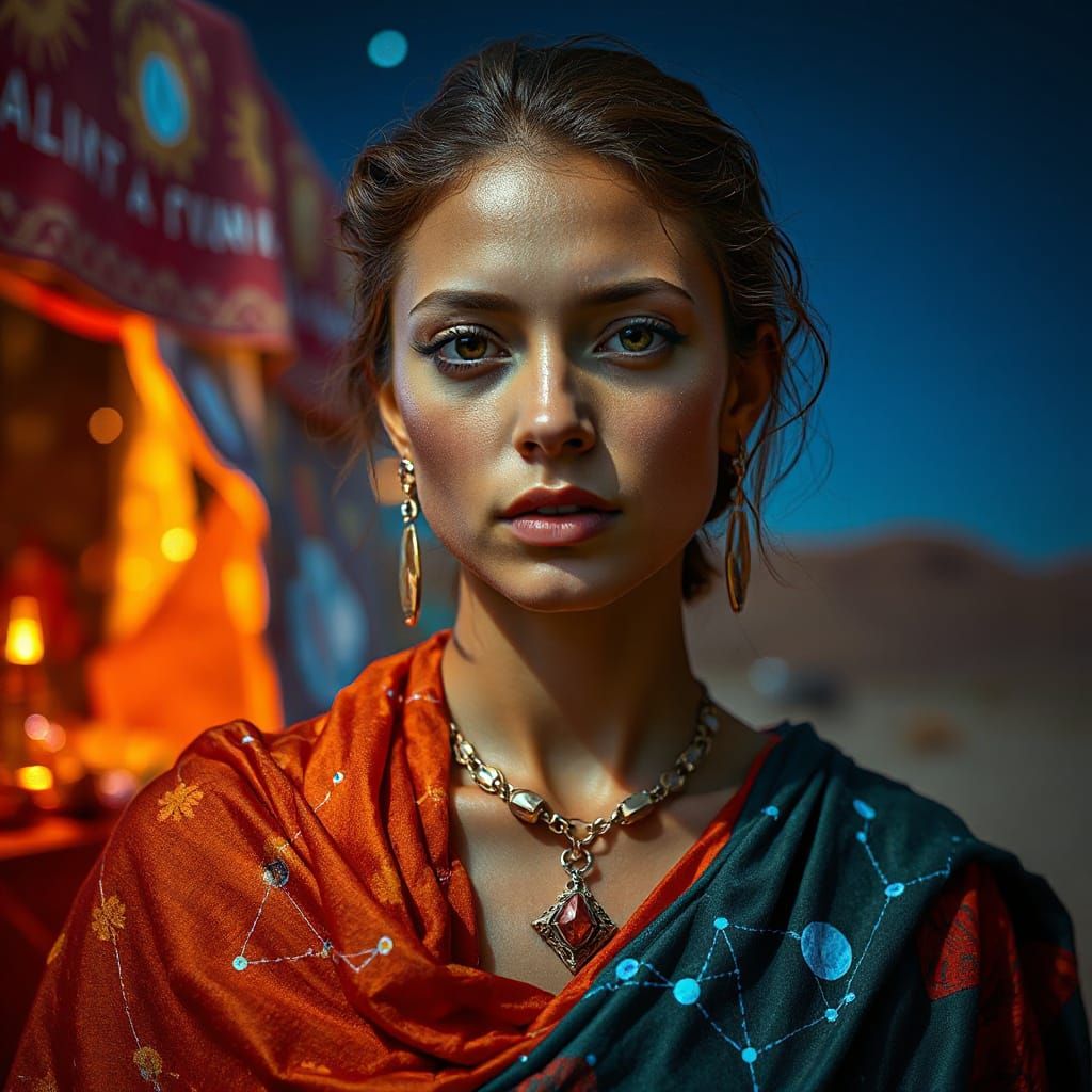 Beautiful Woman in Desert Fabrics, Hyperrealistic Style