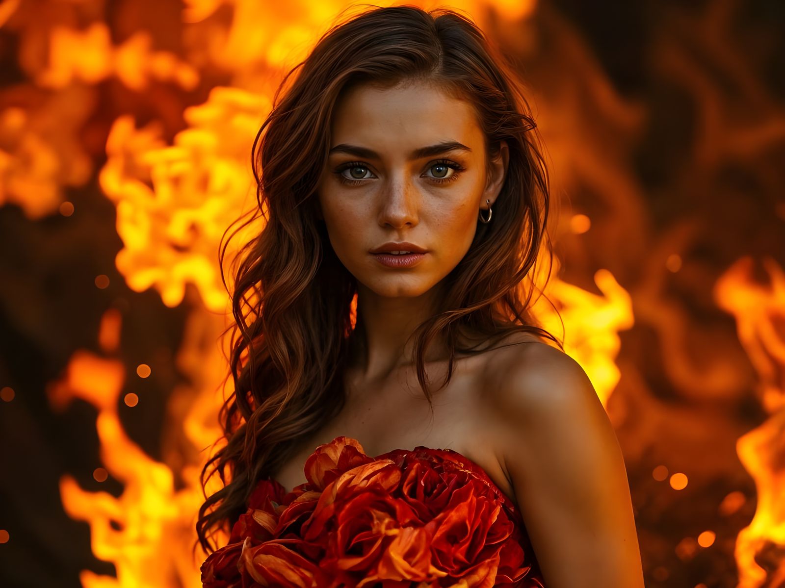 Mystical Woman Amidst Forest Fire in Vibrant, Impressionist ...
