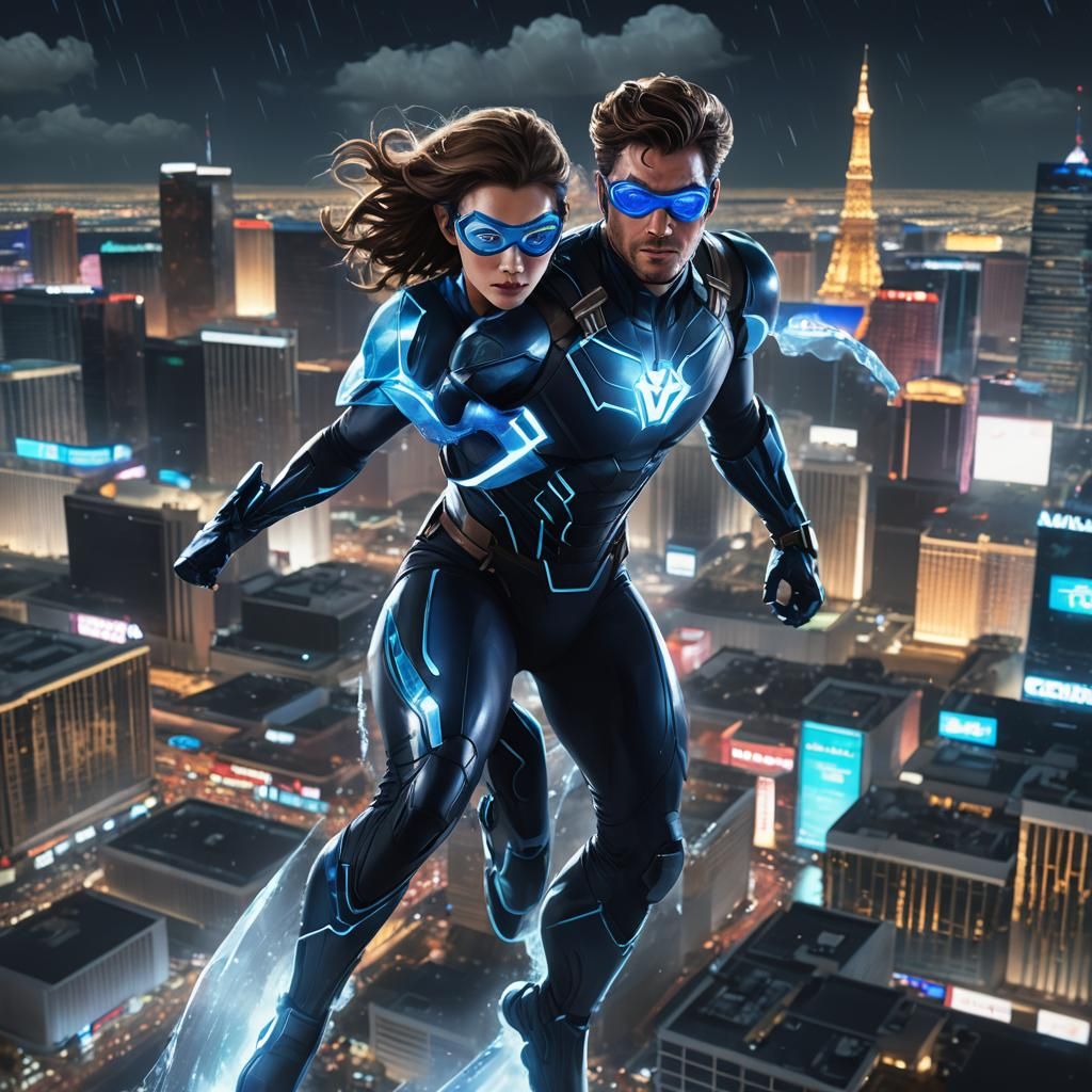 Ice Superhero Flies Over Las Vegas: Digital Art