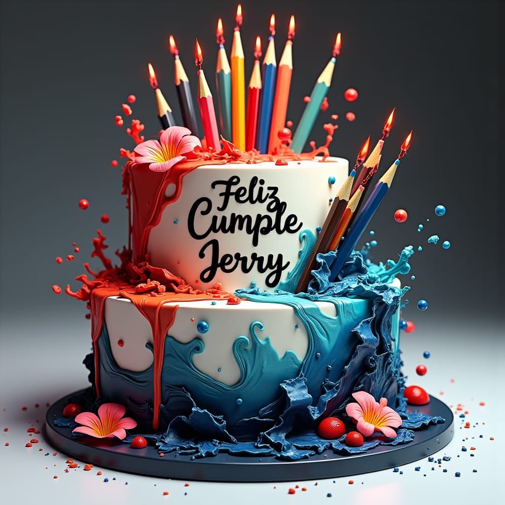 Ink Art Birthday Cake with Graphic Design Elements