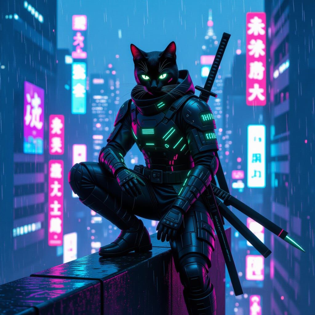 Cyberpunk Ninja Cat with Katana on Skyscraper
