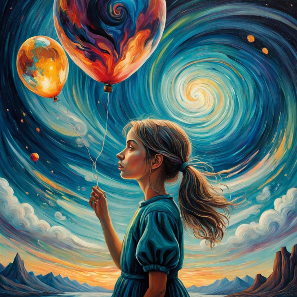 Girl with Balloon at World's Edge: Surreal Oil Painting