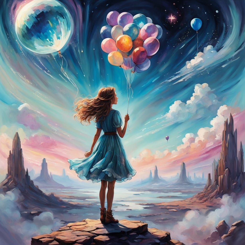 Girl with Balloon at World's Edge, Expressionist Oil Paintin...