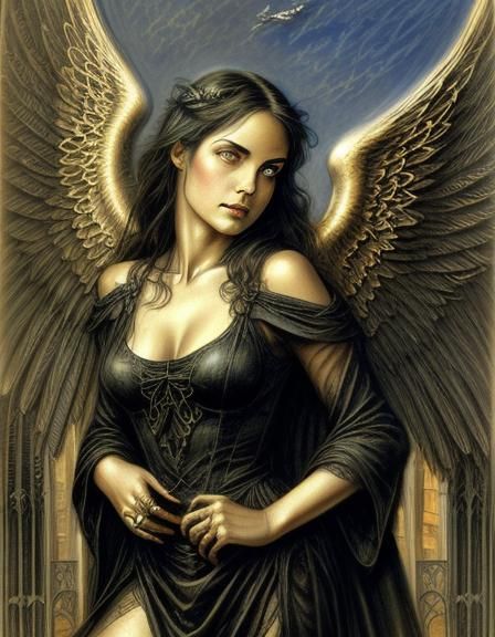 Gothic Angel Portrait in Art Nouveau Style