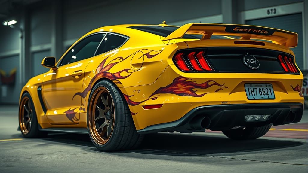 Modified Yellow Ford Mustang with Fire Sticker in HDR