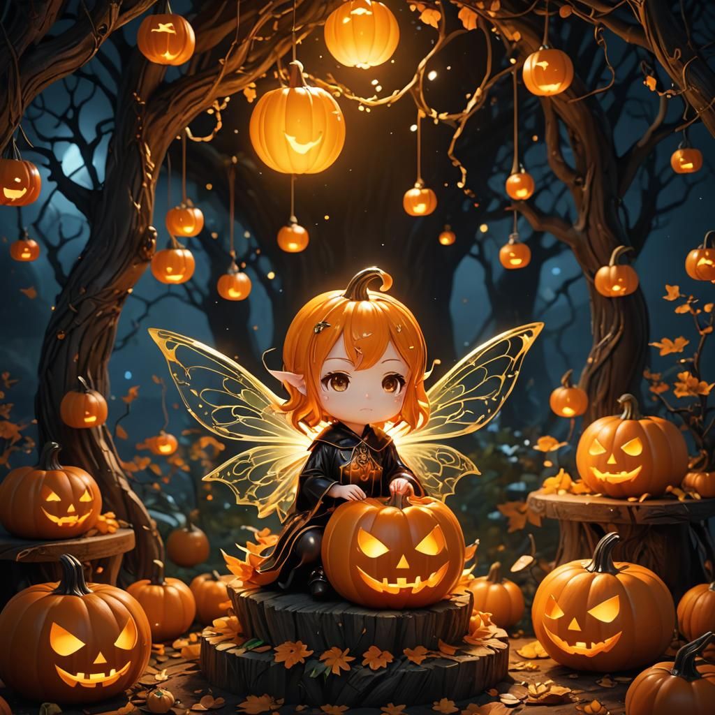 Chibi Fairy Carving Pumpkin in Anime Style