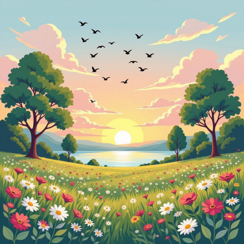 Sunrise Landscape with Diverse Trees and Blooming Meadow