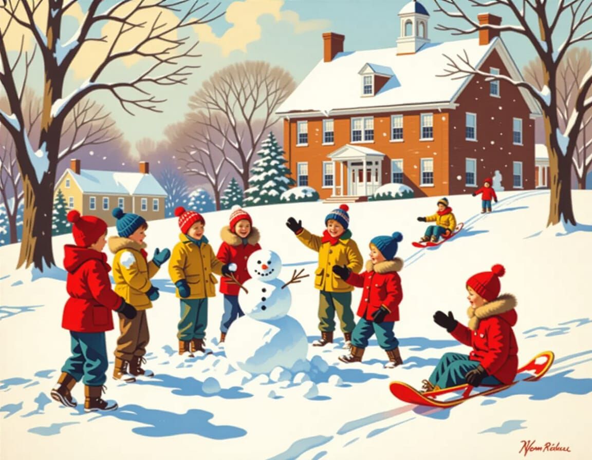 Snowy Playground Joy in Norman Rockwell Style