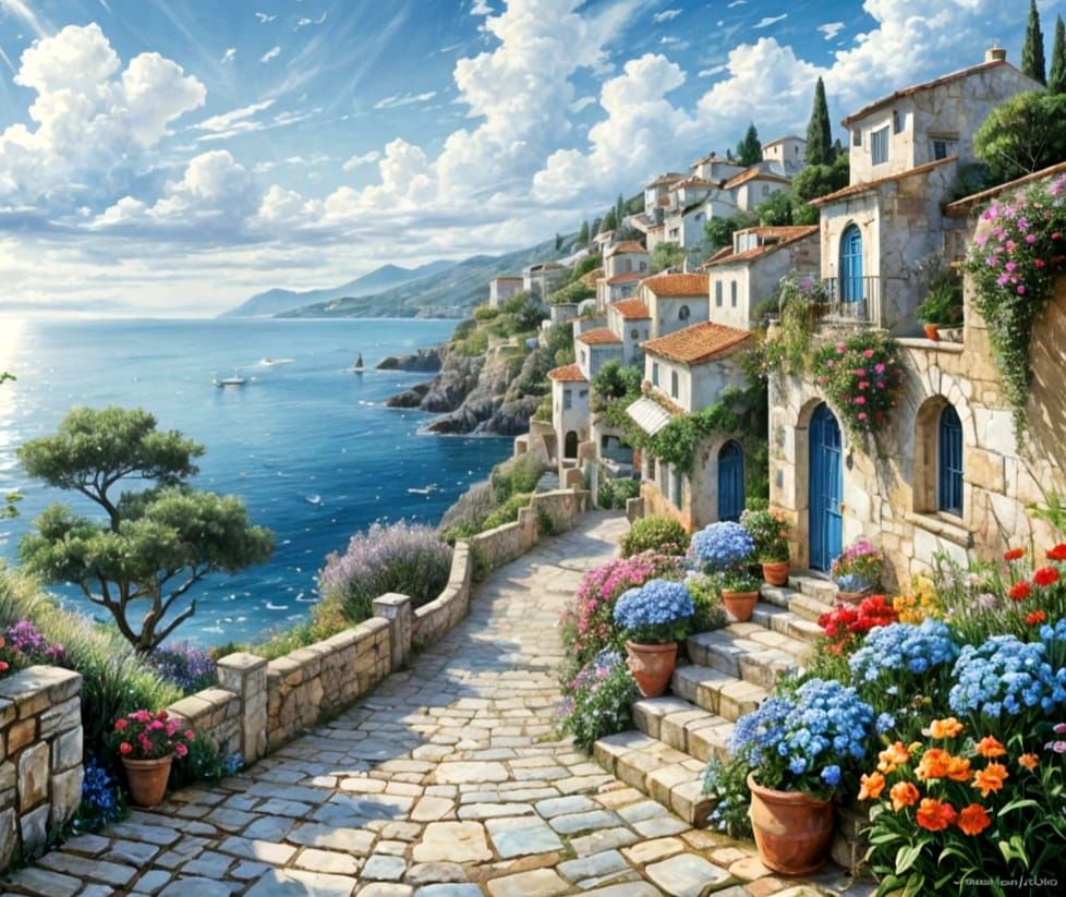 Vibrant Mediterranean Village Watercolor Masterpiece