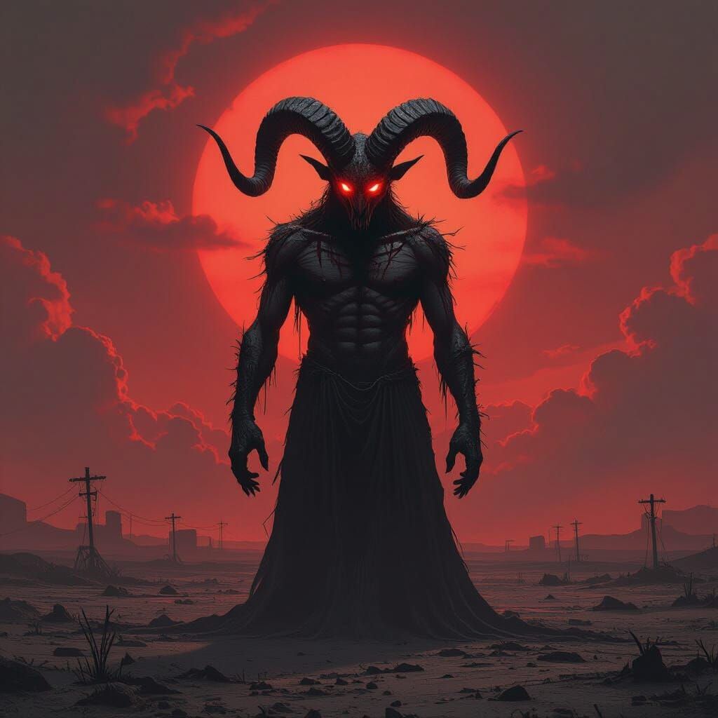 Mutated Ram-Human Silhouette in Blood-Red Sky