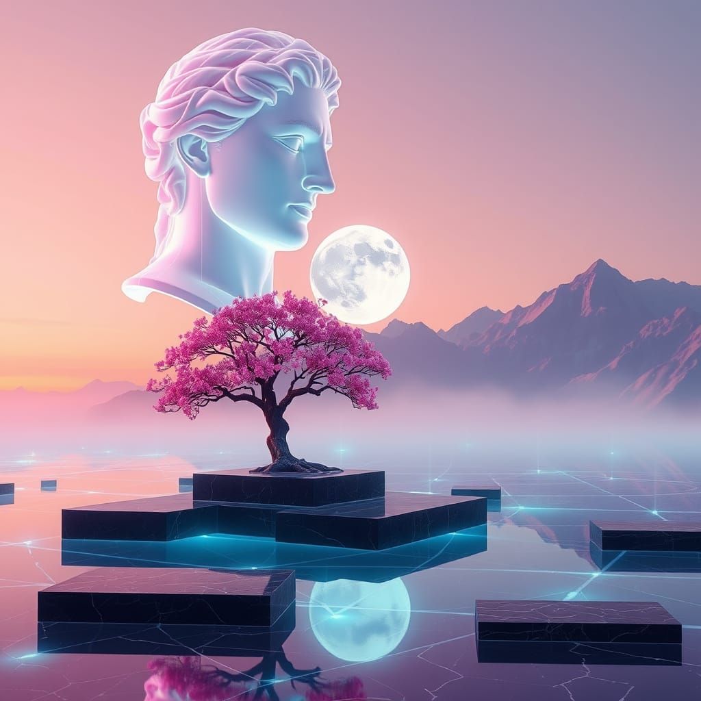 A surreal vaporwave digital dreamscape with a giant translucent wireframe