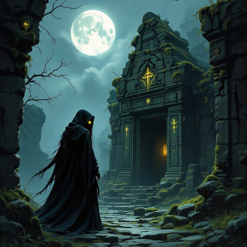 Eerie Witch at Ancient Temple in Dark Fantasy Style