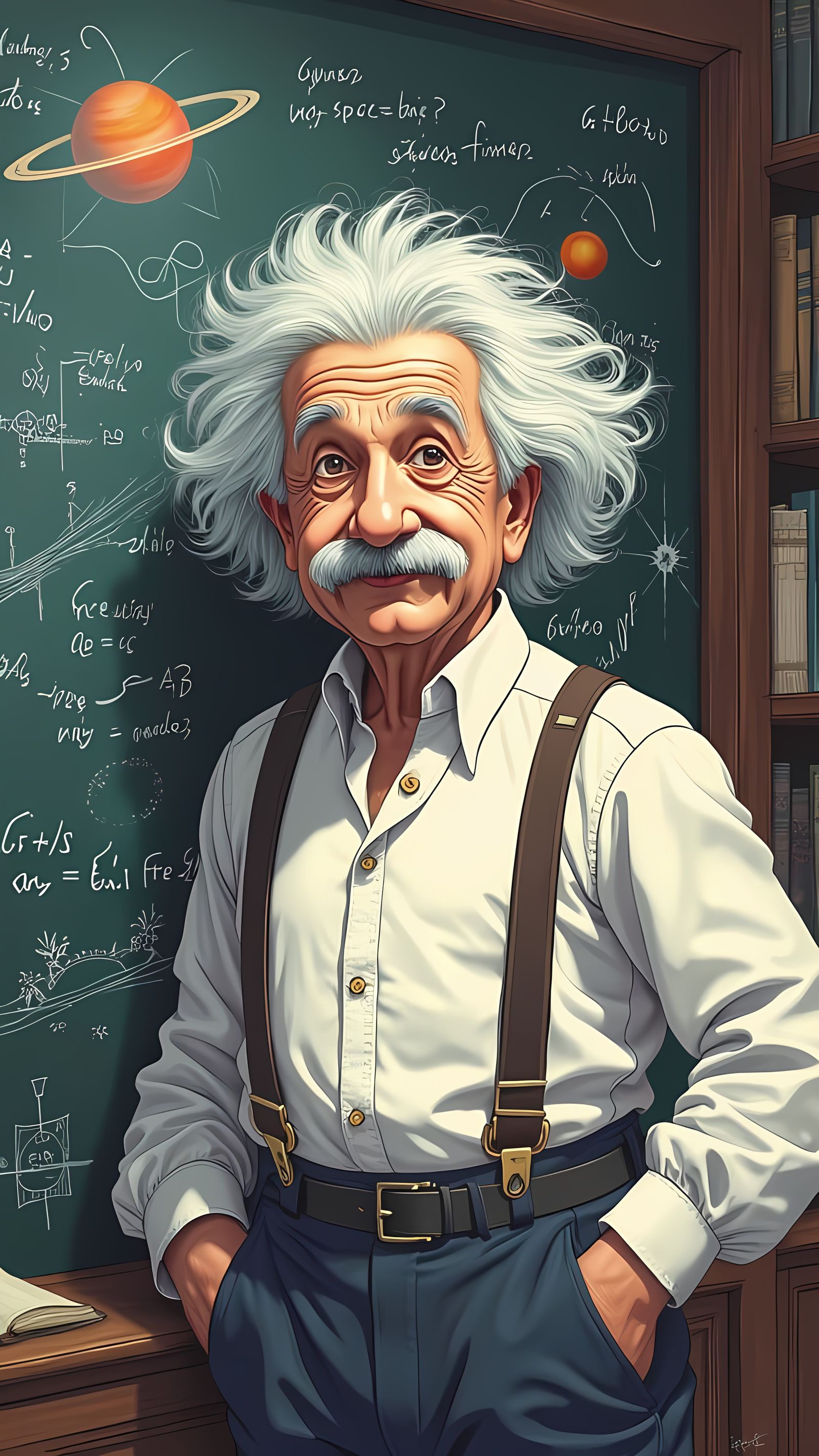 Anime Albert Einstein With Wild Hair and Physics Equations