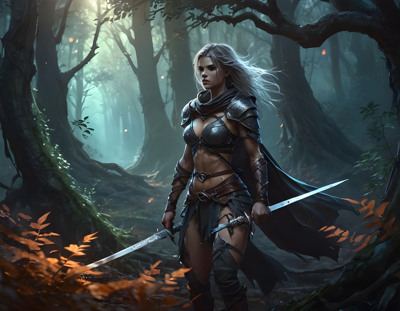 Athletic Warrior Woman in Magical Forest, Digital Art