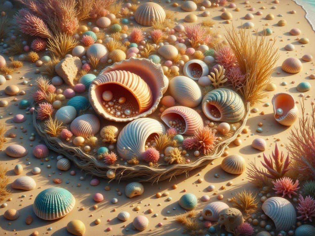Golden Hour Seashells on Sandy Beach