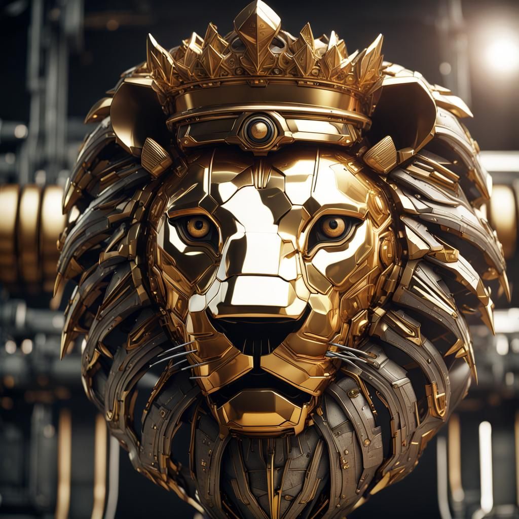 Lion with Golden Crown in Futuristic Sci-Fi Style
