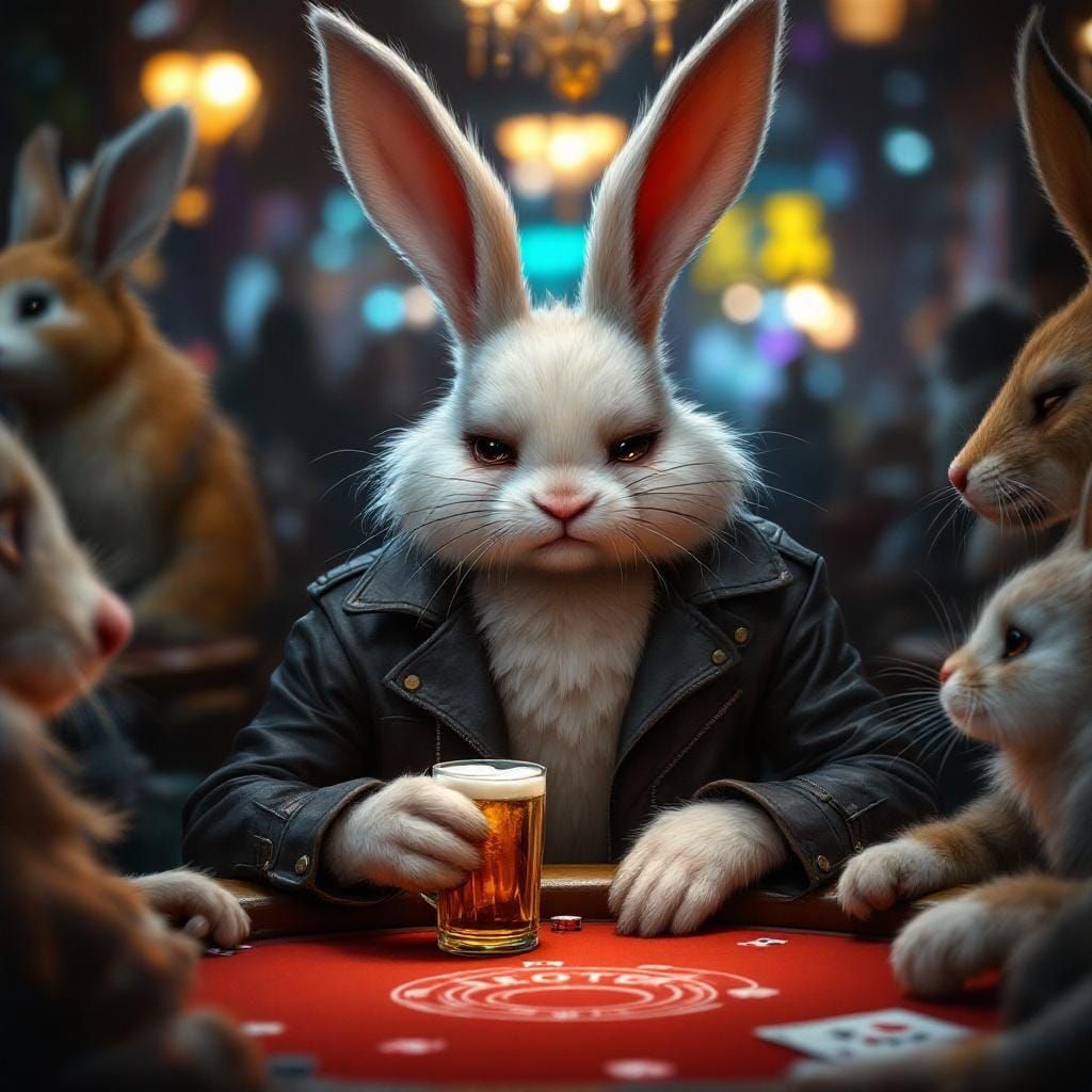 Anthropomorphic Rabbit at Poker Table in Art Nouveau Style