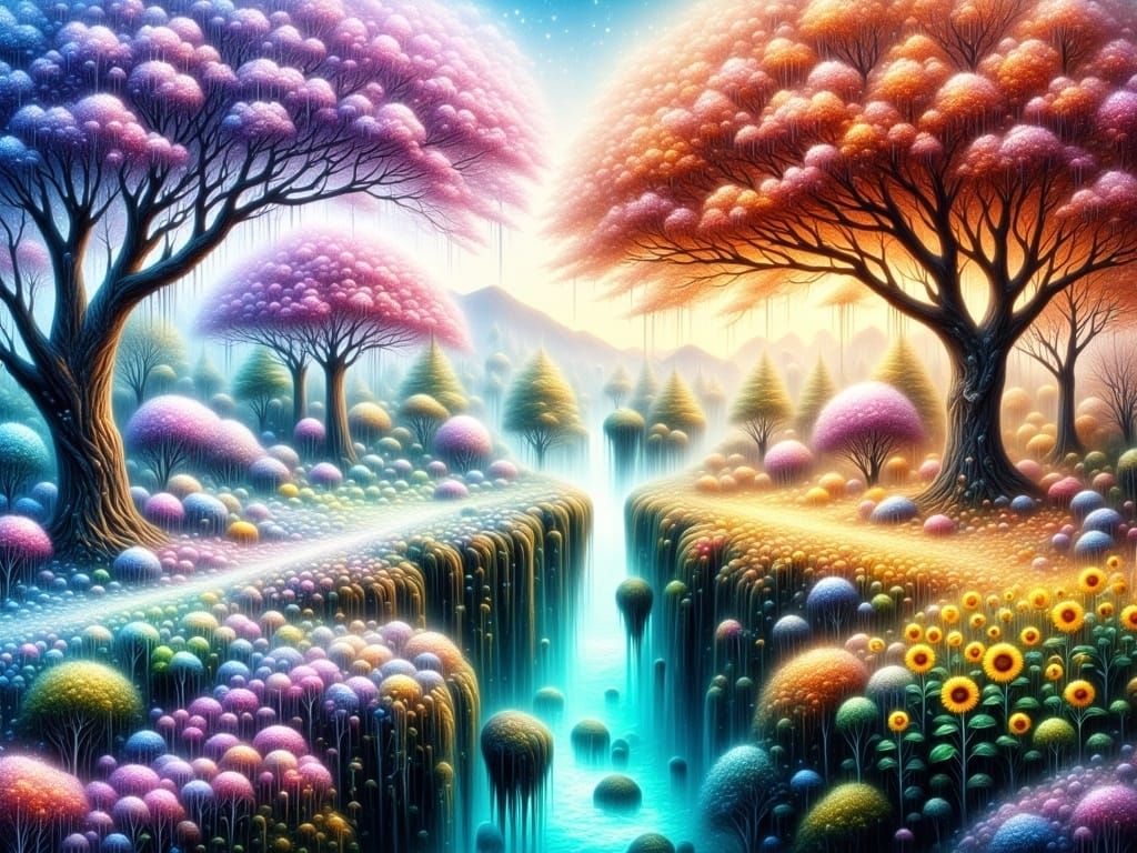 Dreamy Landscape of Converging Seasons in Ethereal Watercolo...