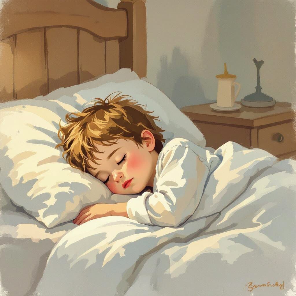 Child Sleeping Peacefully in Bed, Illustrative Style