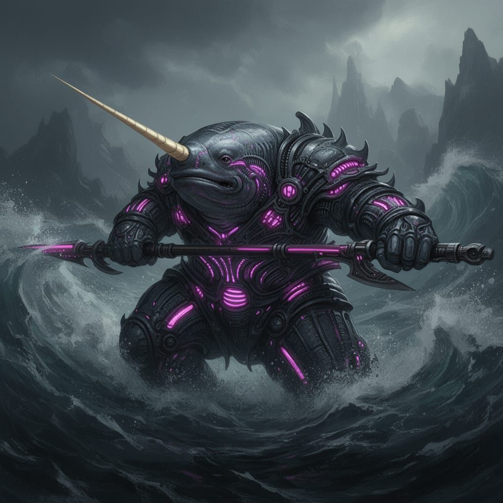 Narwhal Warrior in Neon Armor Wields Naginata