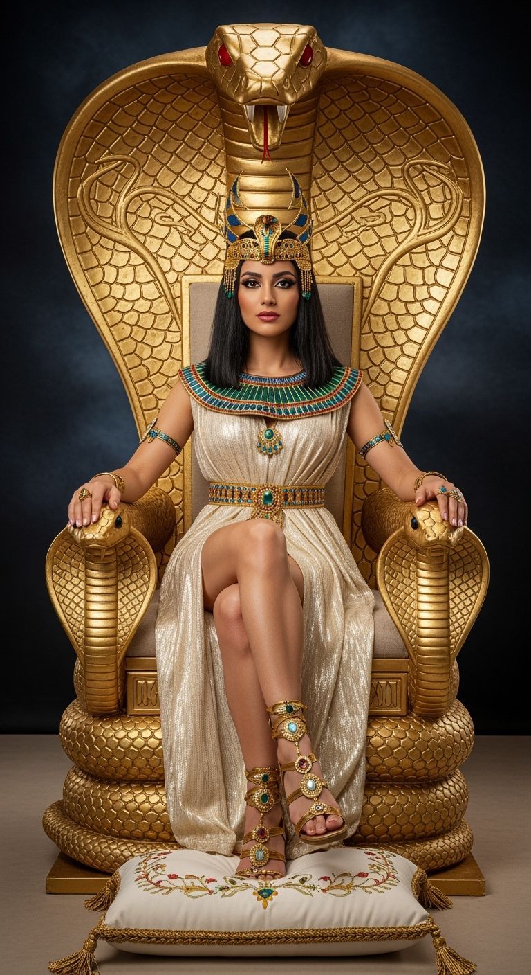 Egyptian Queen on Lavish Golden Cobra Throne