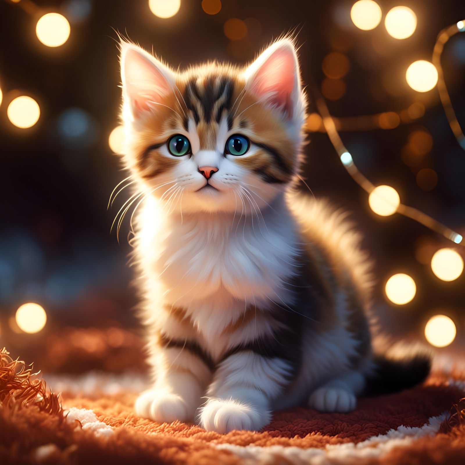 Calico Kitten in String Lights: Fantasy Matte Painting