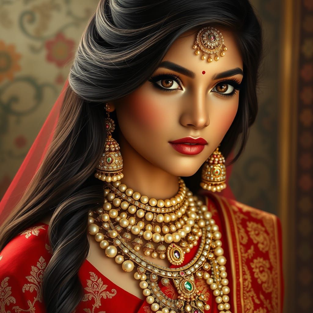 Elegant Young Woman in Red and Golden Lehenga