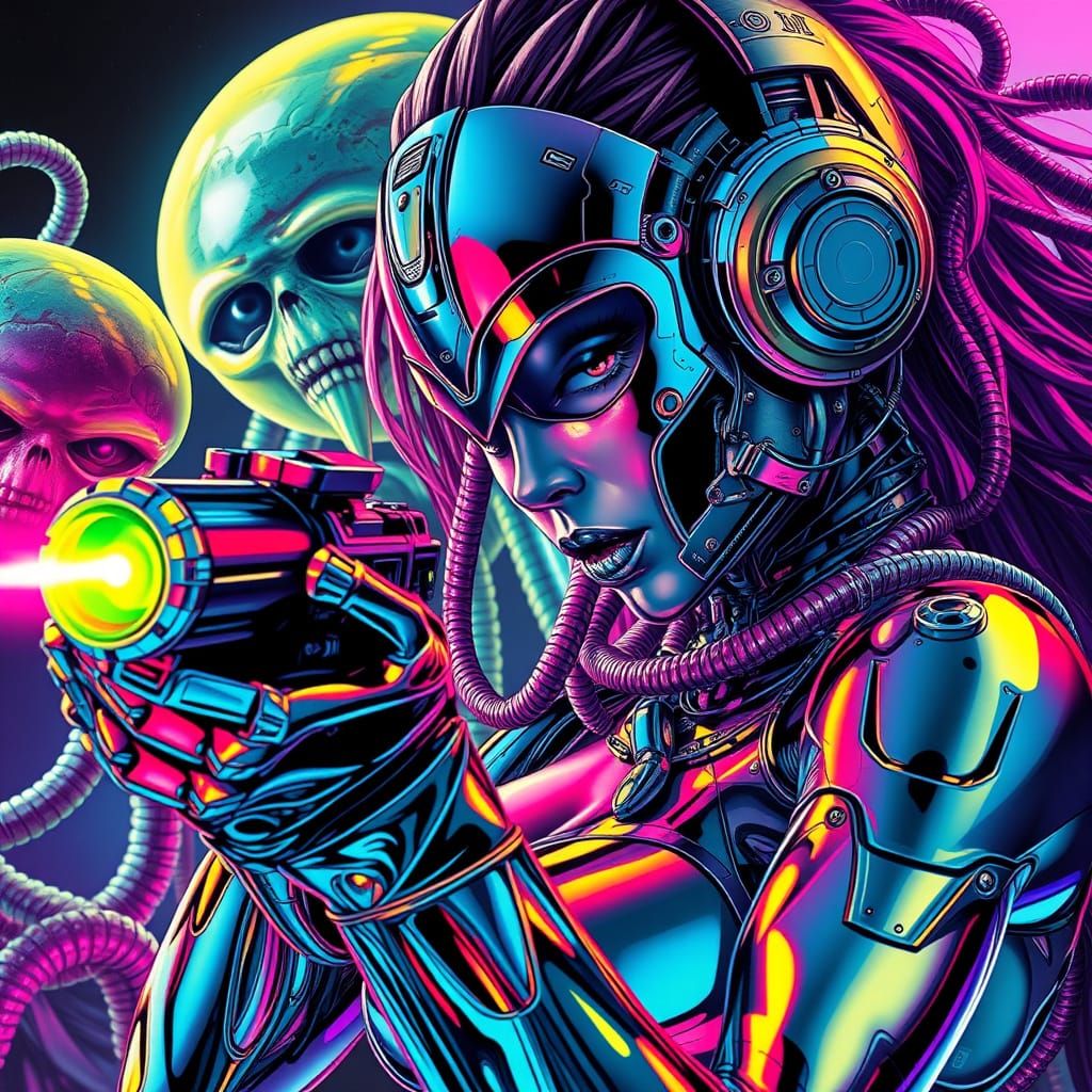 Cybernetic Woman Blasting Aliens in Neon Glitchcore