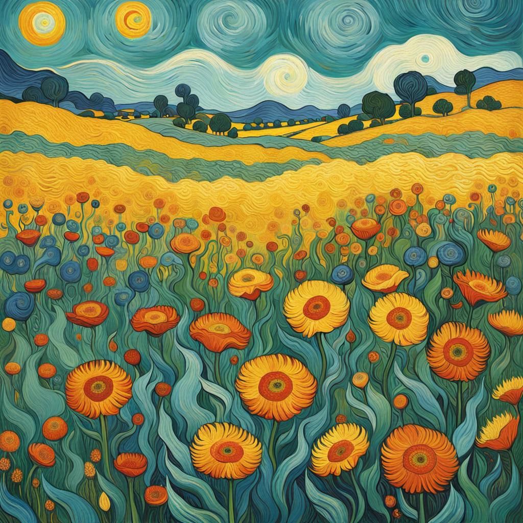 Carnivorous Flower Field in Van Gogh Style