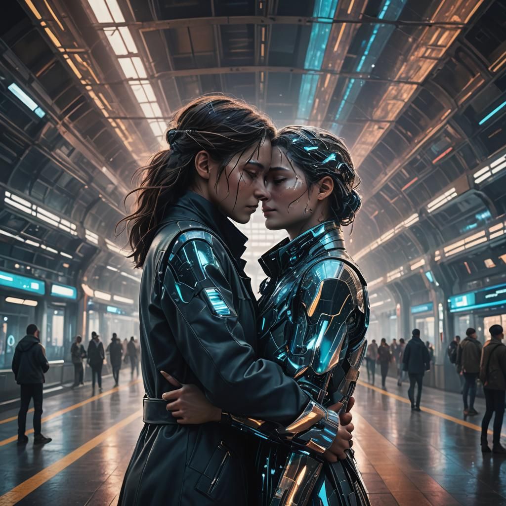 Futuristic Farewell: Human and Holographic AI Embrace