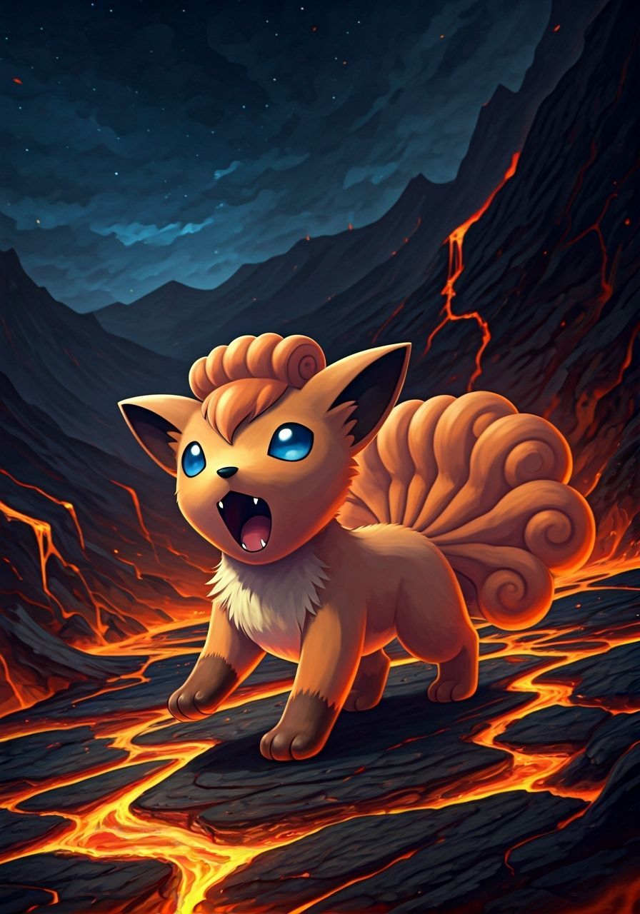 Cute Vulpix Yawning in Fiery Lava Field at Night