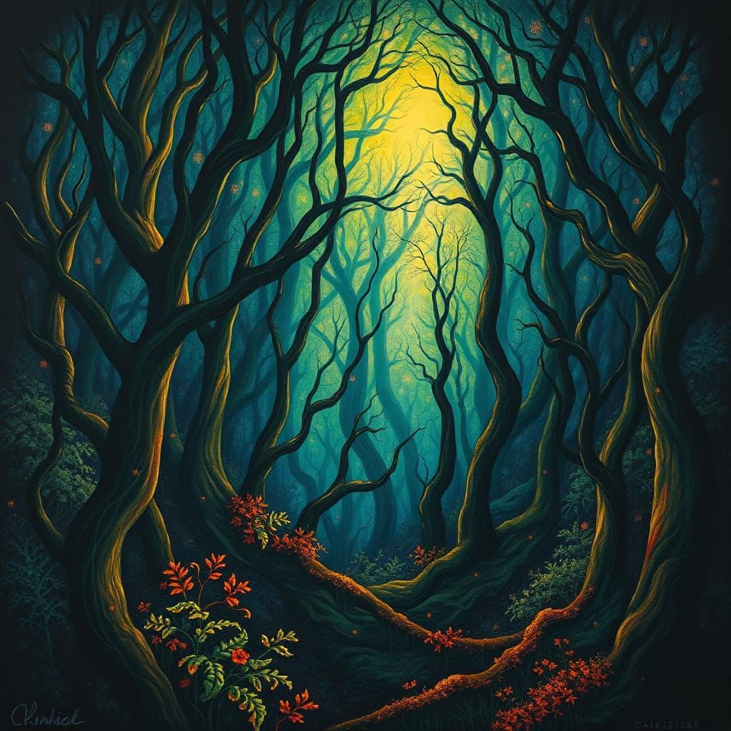Mystical Dark Forest in Vibrant, Expressive Colors