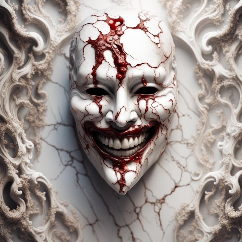 Eerie Porcelain Mask with Blood Spots, Digital Painting