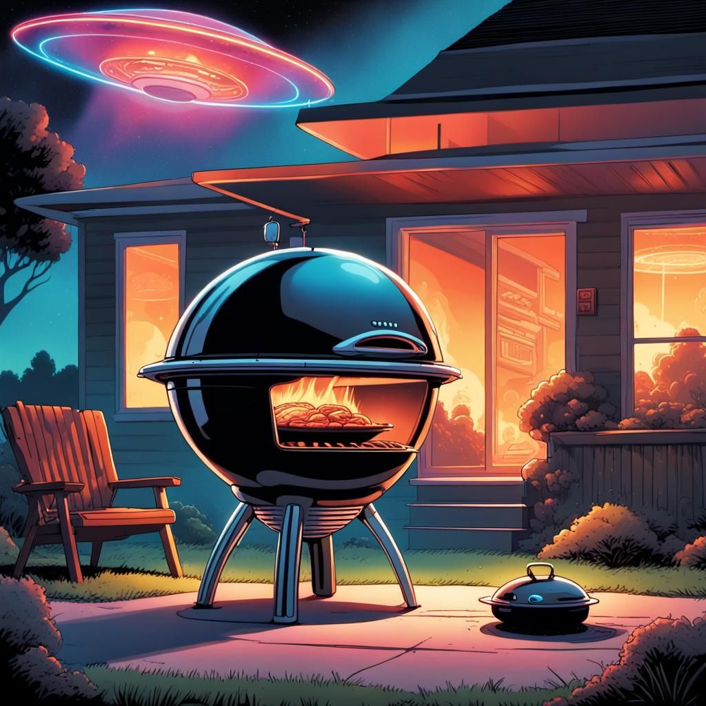 Cute Alien BBQ in Front of Chrome UFO
