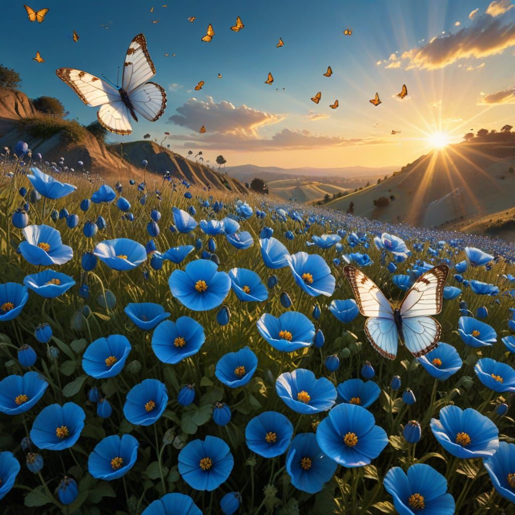 White Butterflies Over Blue Poppies in Comic Art