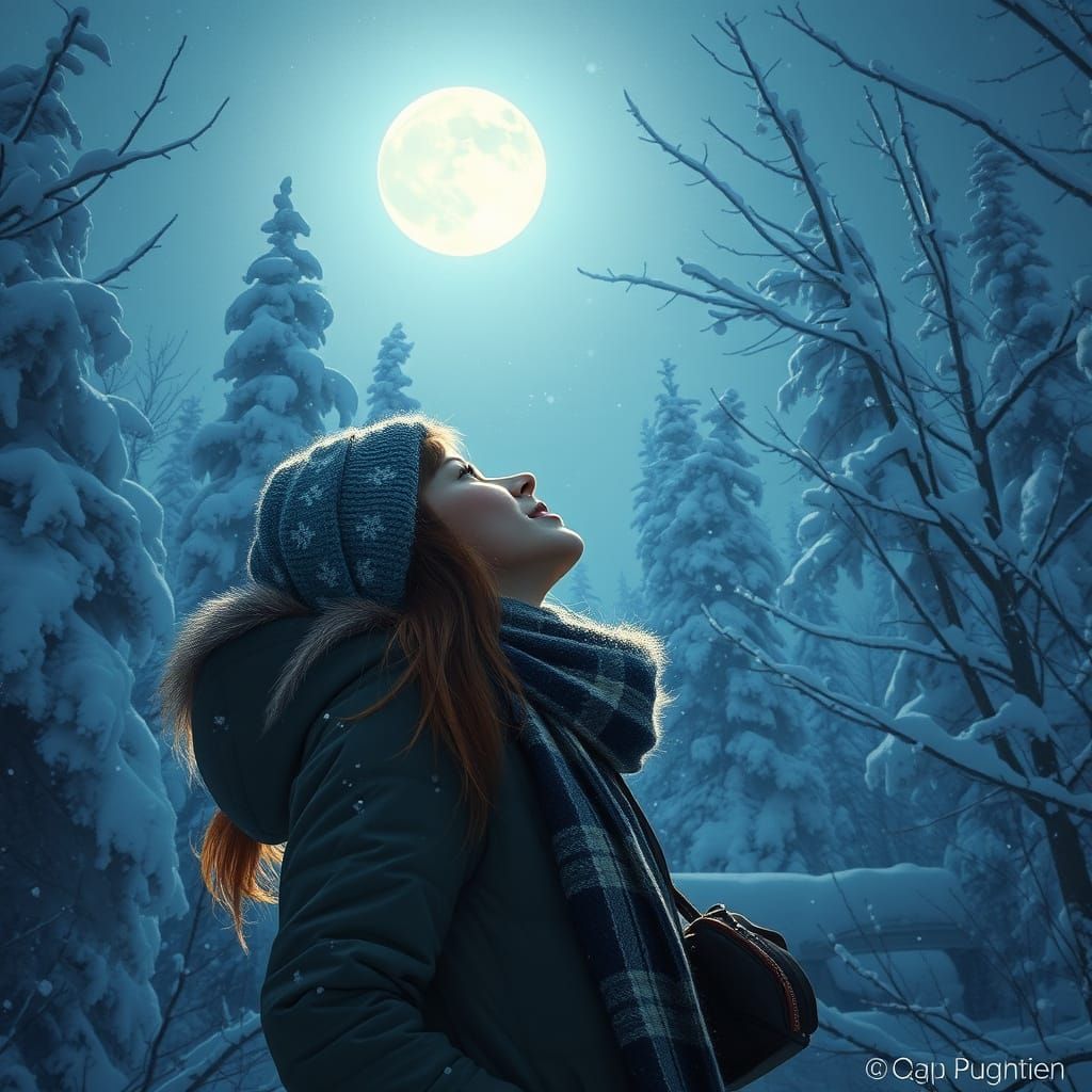 Winter Woman Howling at Moon in Digital Art Style