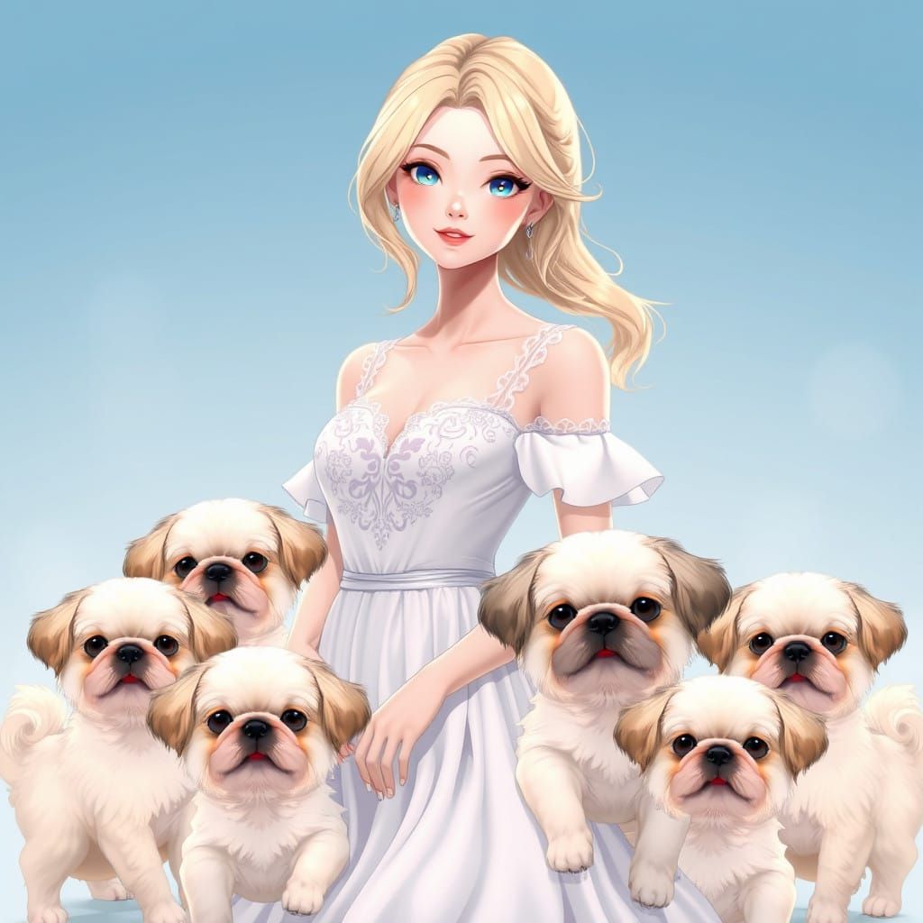 Elegant Blonde Woman Surrounded by Adorable Shih Tzu Dogs in...