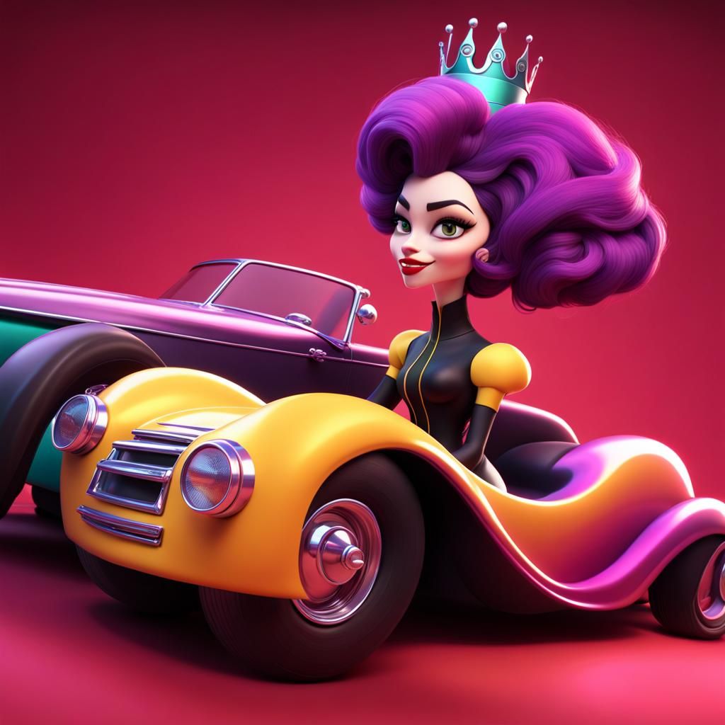 Evil Disney Queen drag racing,  Pixar, Disney, concept art, 3d digital art, Maya 3D, ZBrush Central 3D shading, bright c...