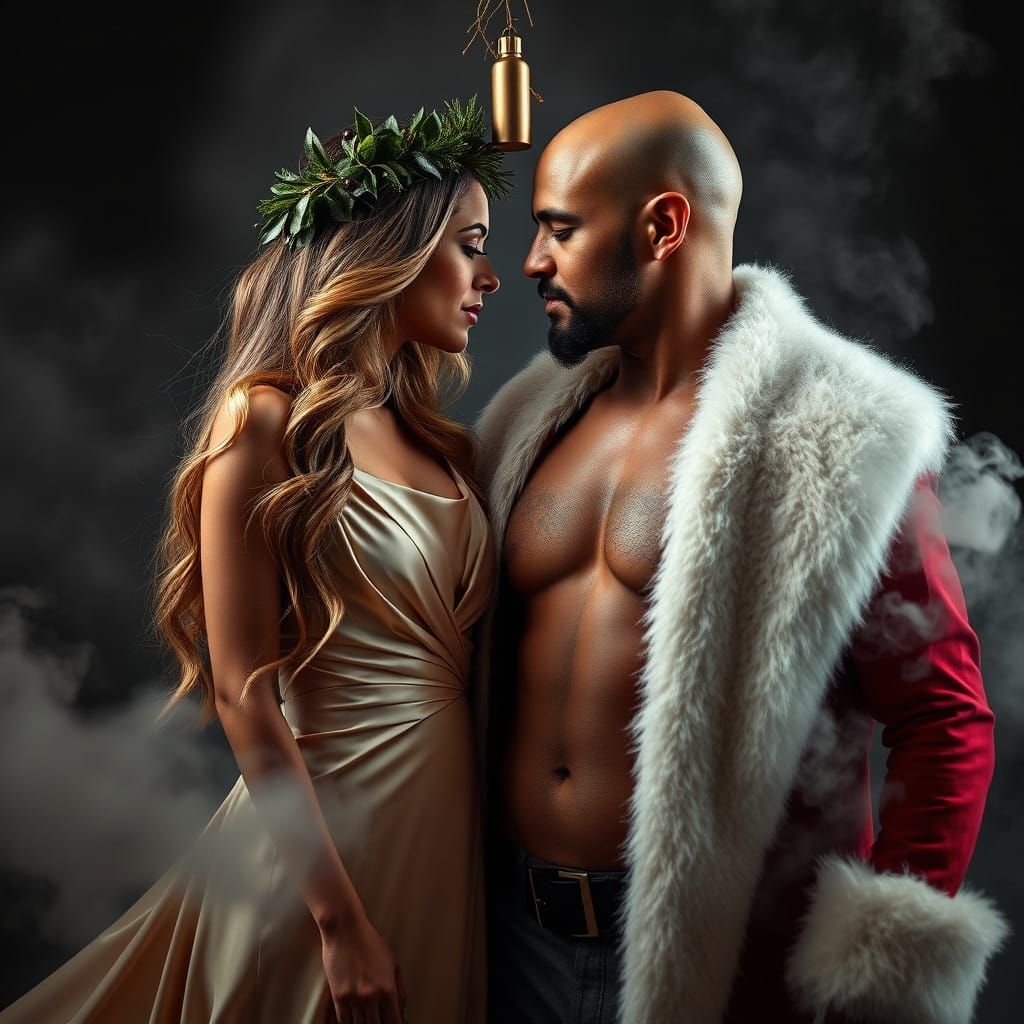 Romantic Christmas Couple in Elegant Gown and Santa Outfit