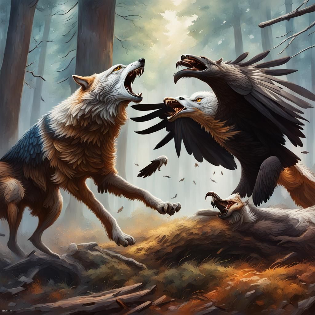 Wolves and Eagle Forest Battle in Hyperrealistic Style