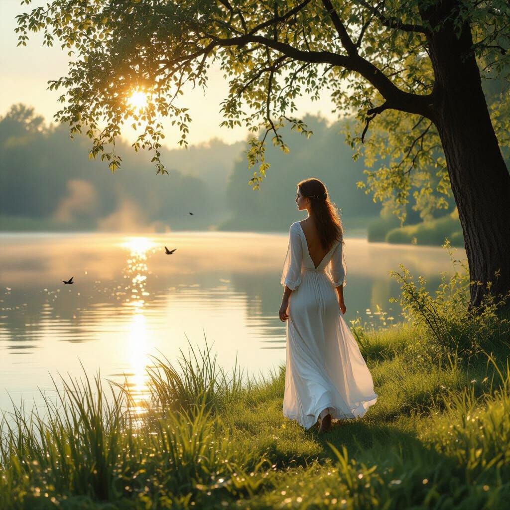 Serene Woman by Lake in Golden Morning Light