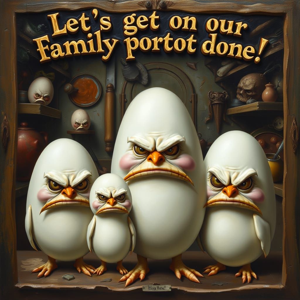 Angry Egg Family Oil Painting in Bosch Style