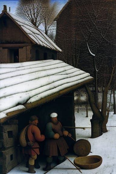 Renaissance Farmer Feeding Sheep in Winter Landscape